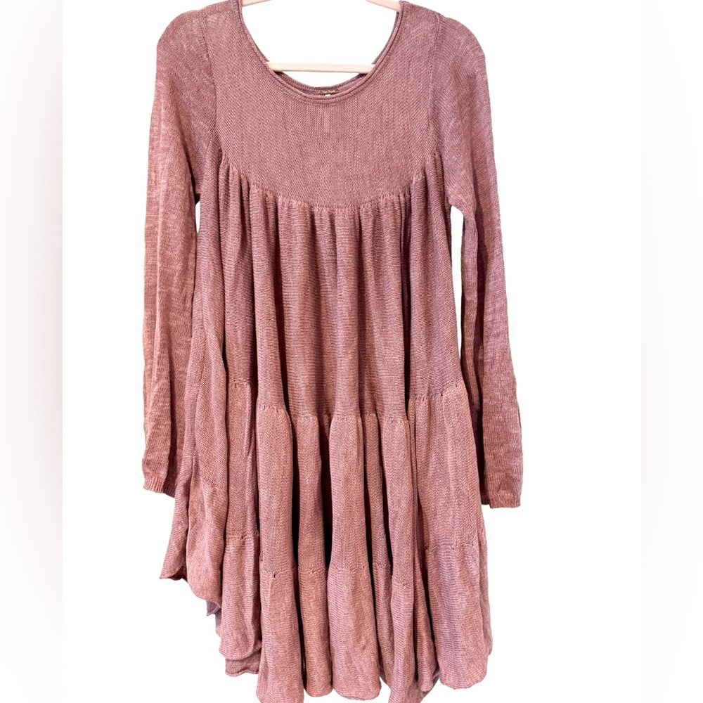 Free People Midnight Ruffles Sz L NWOT Tiered Knit Sweater Dress Dusty Rose.